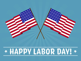 Labor Day greeting with stylized US flags waving and white text on blue background