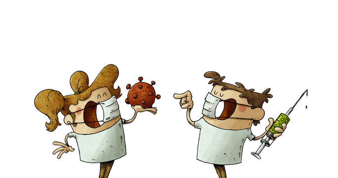 funny illustration of a scientist boy and girl who have invented the covid-19 vaccine, the girl holds a coronavirus and the boy a vaccine. isolated
