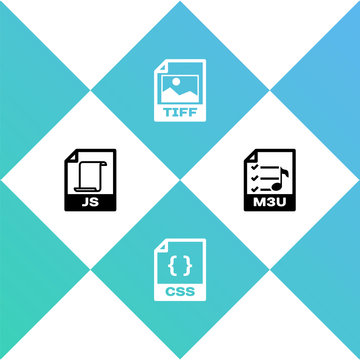 Set JS file document, CSS, TIFF and M3U icon. Vector.