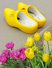 Yellow Wooden Shoes - A pair of Dutch wooden shoes with tulips in the foreground