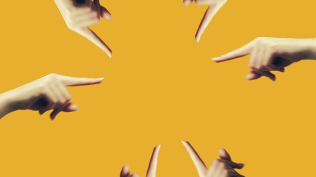 Ad background. Logo text. Mirrored female hand pointing finger at center copy space circle isolated on orange yellow background. Creative looped motion. Attention signal. Brand message.