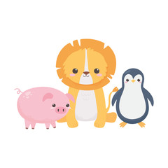 little lion pig and penguin cartoon animals isolated white background design