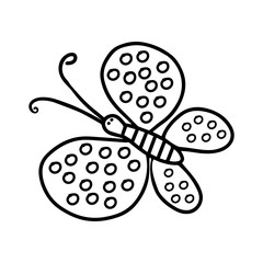 Hand-drawn black vector illustration of one butterfly is flying on a white background