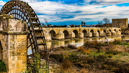 One of the Guadalquivir mills, the Albolafia water mill with the Roman Bridge of Córdoba in the...