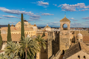 Fototapeta na wymiar Cityscape with tiled roofs in the city of Cordoba, seen from a tower of the Alcazar de los Reyes Cristianos, wonderful and sunny day with a blue sky in the state of Andalucia, Spain