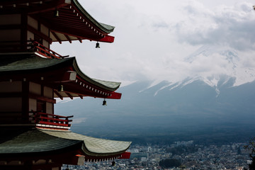 Beautiful view of a Chureito Pagoda with Mount Fuji at Arakurayama Sengen park