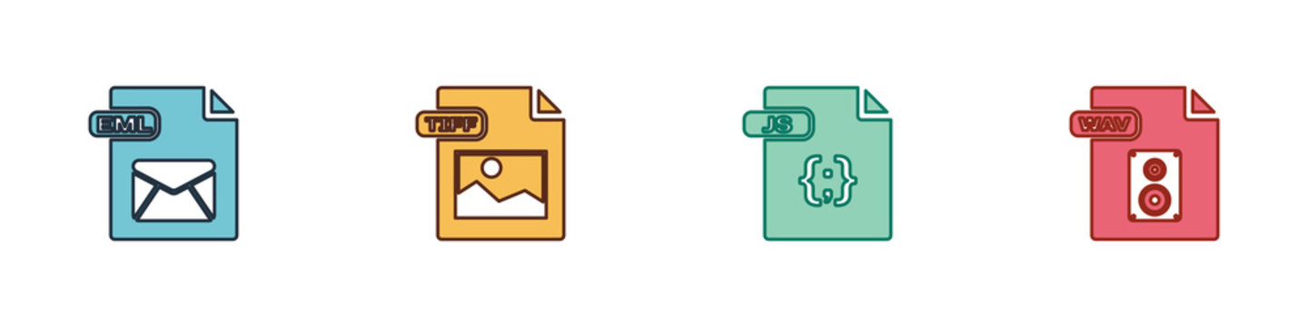 Set EML file document, TIFF, JS and WAV icon. Vector.