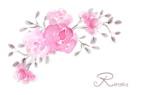 Hand drawn watercolor painting  with pink roses flowers bouquet isolated on white background. Floral ornament. Design element.