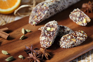 Dessert. Sausage from dried fruits and nuts