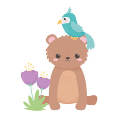 cute fox rabbit flowers foliage cartoon animals