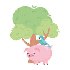 little pig and parrot tree cartoon animals in a natural landscape