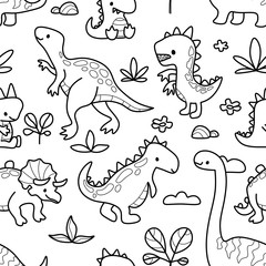 Monochrome pattern, childish doodle, dinosaurs.