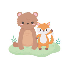 Obraz na płótnie Canvas cute little bear fox tree meadow cartoon animals in a natural landscape