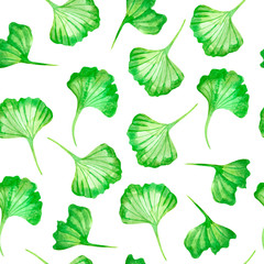 Seamless pattern with an Ayurvedic plant - gingko. Packaging design for medicines, serums, creams, and plants. Ayurvedic herbs. Ayurveda. Cute pattern with gingko. Watercolor.