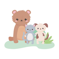 Obraz na płótnie Canvas cute little bear cat dog flowers bush grass cartoon animals in a natural landscape