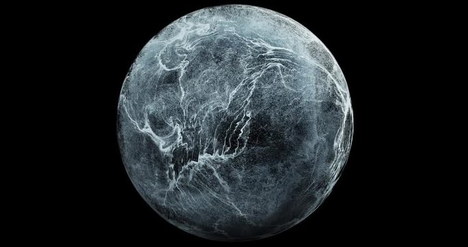 Abstract fluid, Water in sphere. particles flowing around sphere. Turbulent particles bursting,  swirling around ball. Perfect for overlay and logos. 4K seamless loop, 3D render