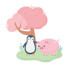 little penguin and pig tree cartoon animals in a natural landscape