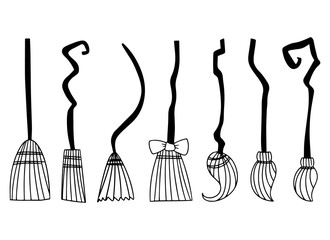 Cartoon set of different witch brooms on white background. Vector doodle illustration of drawn by hand brooms. Halloween decorative designs.