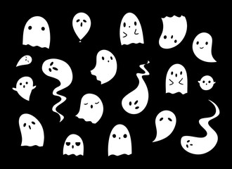 Black and white set of cute ghosts on black background. Drawn by hand doodle vector illustrations of ghosts for different halloween decorative designs.