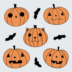 Halloween pumpkin set with bats on grey background. Drawn by hand vector doodle pumpkins for funny spooky designs for halloween parties.