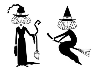 Cartoon drawn witch illustrations on white background. Drawn by hand doodle vector witches for spooky decorations for halloween.