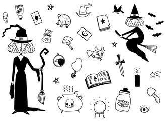 Doodle set of witches with spooky cute stuff on white background. Vector illustrations drawn by hand witchcraft elements for halloween decorations.