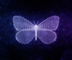 stylized unusual spiny butterfly with open wings on web black background. 3d illustration
