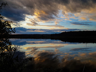 Landscape with lake view and blue sky reflected in the water.