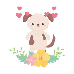 cute little dog flowers hearts cartoon animal isolated white background design