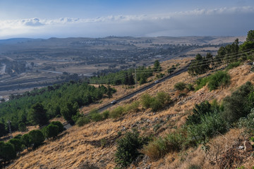 Fototapeta na wymiar Aerial view of Hula valley, Sea of Galilee, Mount Hermon and town of Rosh-pina as seen from Mitzpe Hayaminm hotel, located in Upper Galilee of Northern Israel, Israel.