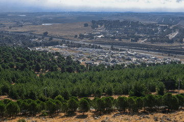 Aerial view of Hula valley, Sea of Galilee, Mount Hermon and town of Rosh-pina as seen from Mitzpe Hayaminm hotel, located in Upper Galilee of Northern Israel, Israel.