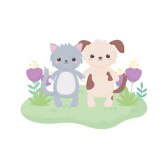 cute dog and cat flowers tree cartoon animals in a natural landscape