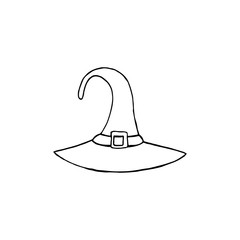 Doodle image of a magic hat. Vector for web, textile, decoration, stickers. Simple black and white picture. Halloween.