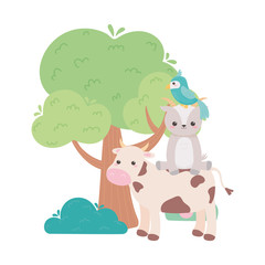 cute cow with goat and parrot tree leaves cartoon animals in a natural landscape