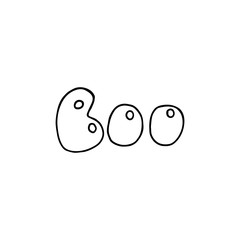 Doodle image of text boo. Vector for web, textile, decoration, stickers. Simple black and white picture. Halloween.