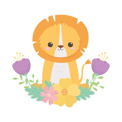 Obraz na płótnie Canvas cute little lion flowers leaves foliage cartoon animals in a natural landscape