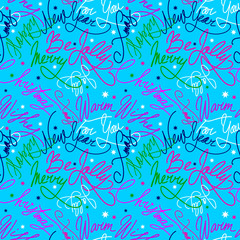 Happy Christmas handmade seamless background with calligraphy. Congratulations and wishes on the holiday. Repeating texture for new year's holidays. Colored lettering on a blue background