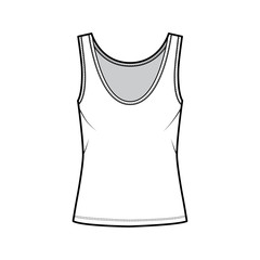 Cotton-jersey tank technical fashion illustration with oversized body, deep scoop neck, elongated hem. Flat outwear apparel template front, white color. Women, men unisex shirt top CAD mockup 