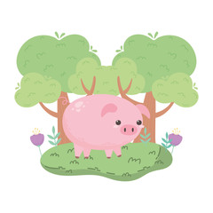 cute little piggies and tree cartoon animals in a natural landscape