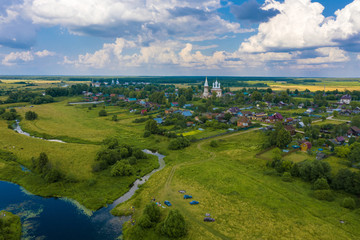 Dunilovo village from a bird's eye view on a summer day.