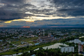 Fototapeta na wymiar Bird's eye view of the city of Ivanovo with a beautiful sunset.