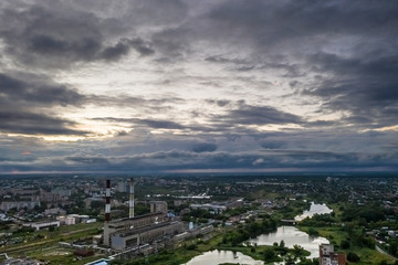 Fototapeta na wymiar Bird's eye view of the city of Ivanovo with a beautiful sunset.