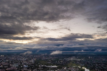Bird's eye view of the city of Ivanovo with a beautiful sunset.