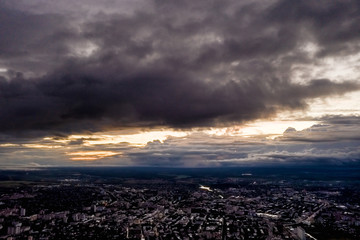 Bird's eye view of the city of Ivanovo with a beautiful sunset.