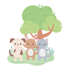 cute little cat dog and rabbit tree cartoon animals in a natural landscape