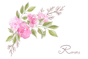 Obraz na płótnie Canvas Hand drawn watercolor painting with pink roses flowers bouquet isolated on white background. Floral ornament. Design element.