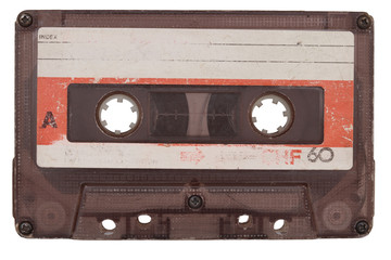 Black audio cassette tape over white background