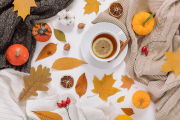 Cup of tea with slice of lemon, pumpkins and colorful autumn leaves. Top view, fall colors, cozy home atmosphere concept.