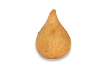 Coxinha. Traditional Brazilian cuisine snacks stuffed with chicken. Isolated on white background. Copy space.