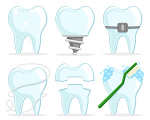 Set of teeth with a pin, braces, dental floss and a toothbrush on a white